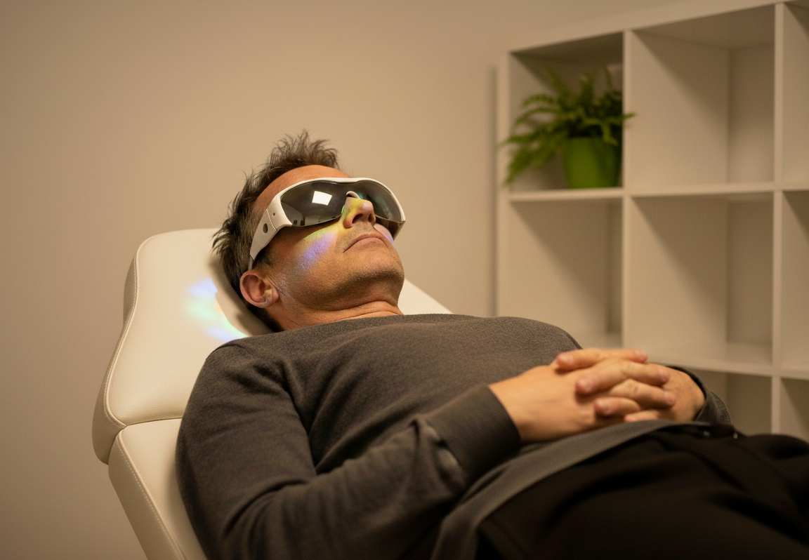 Un homme allongé sur une table de soin. Il porte des lunettes Kasina Neuro+ pendant une séance de luminothérapie.